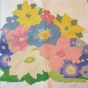 Vintage Floral Needlepoint Canvas Completed Approximately 16x16, Old Glue Edges
